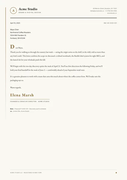 Quiet Masthead — Letterhead template, Minimal, type-led layout, rendered from live data