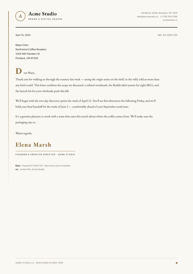 Quiet Masthead — letterhead template, Minimal, type-led layout, rendered from live data