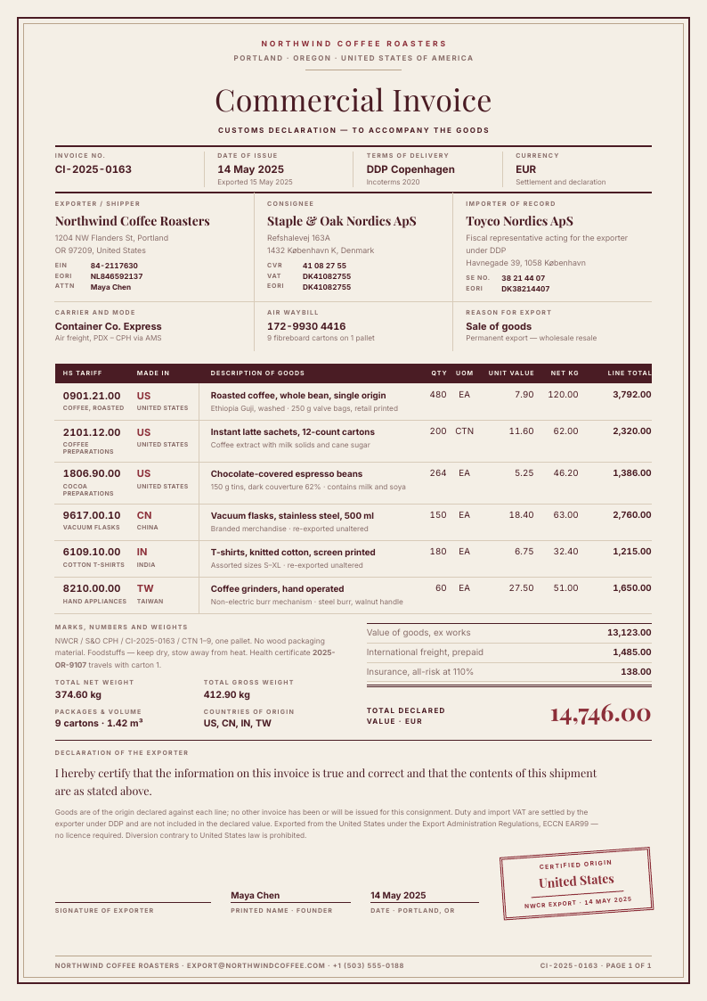 Border Stamp — commercial invoice template, Framed ceremonial layout, rendered from live data