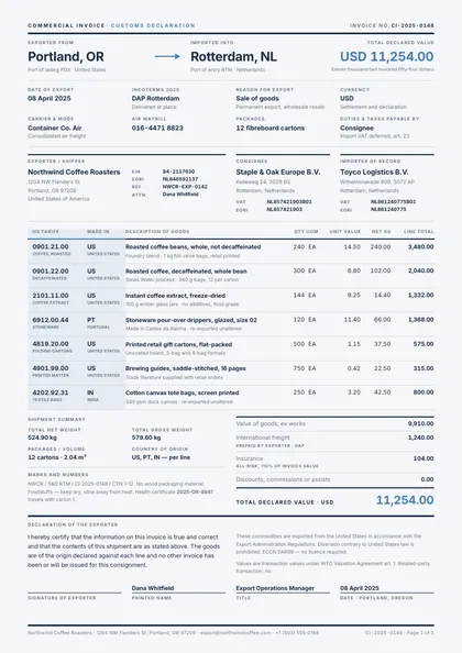 Customs Grid — Commercial invoice template, Swiss grid layout, rendered from live data