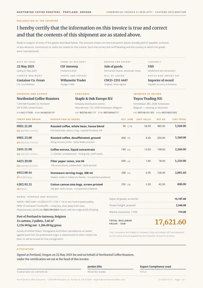 Declaration — Commercial invoice template, Minimal, type-led layout, rendered from live data