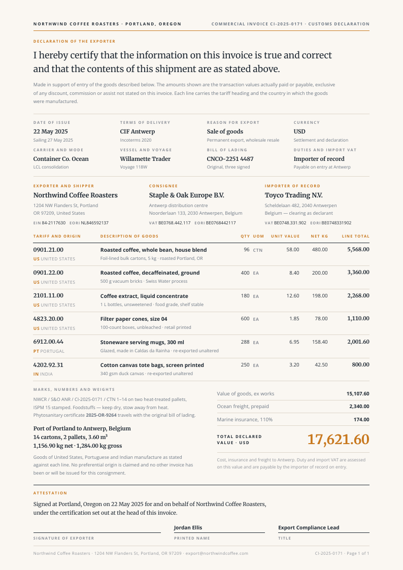 Declaration — commercial invoice template, Minimal, type-led layout, rendered from live data