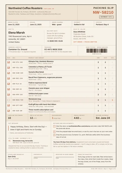 Kraft Checklist — Packing slip template, Boxed form planner layout, rendered from live data