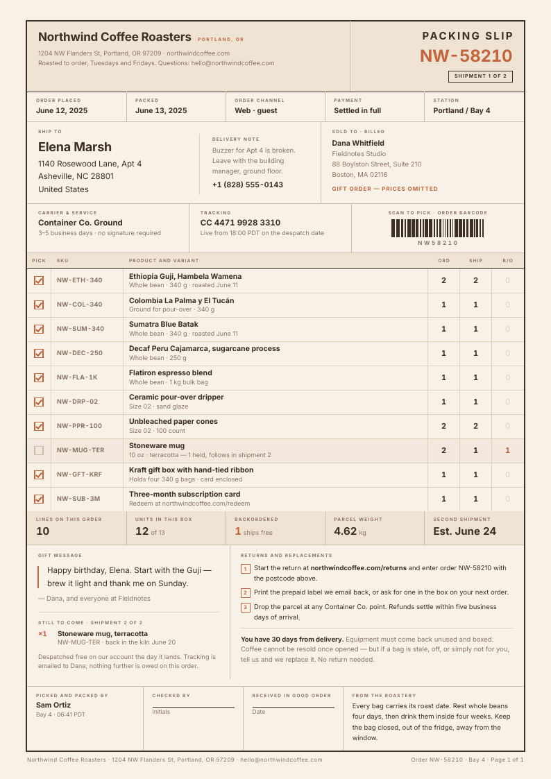 Kraft Checklist — packing slip template, Boxed form planner layout, rendered from live data