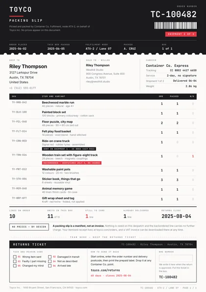Ticket Stub — Packing slip template, Perforated ticket layout, rendered from live data