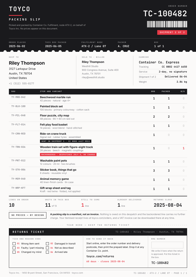 Ticket Stub — packing slip template, Perforated ticket layout, rendered from live data