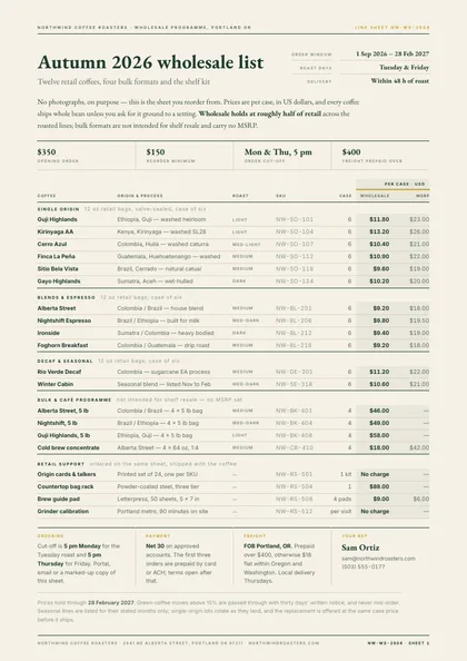 Line List — Product line sheet template, Minimal, type-led layout, rendered from live data