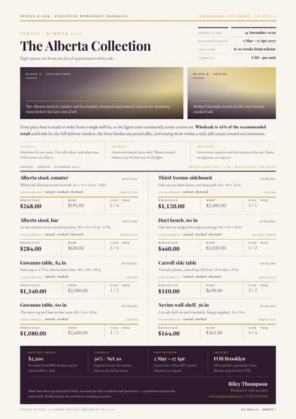 Showroom Split — Product line sheet template, Two-column magazine layout, rendered from live data