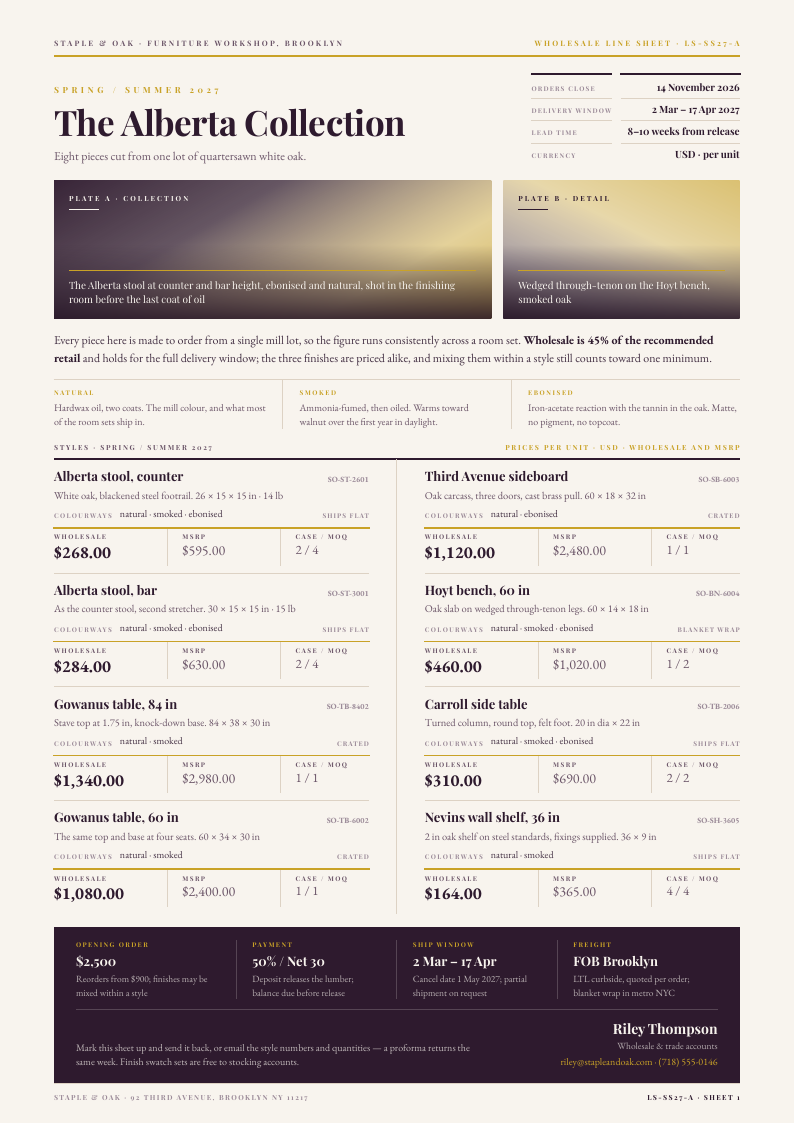 Showroom Split — product line sheet template, Two-column magazine layout, rendered from live data