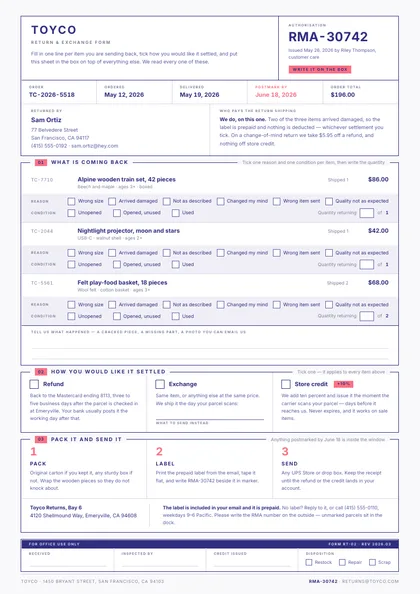 Checkbox Card — Return form template, Boxed form planner layout, rendered from live data