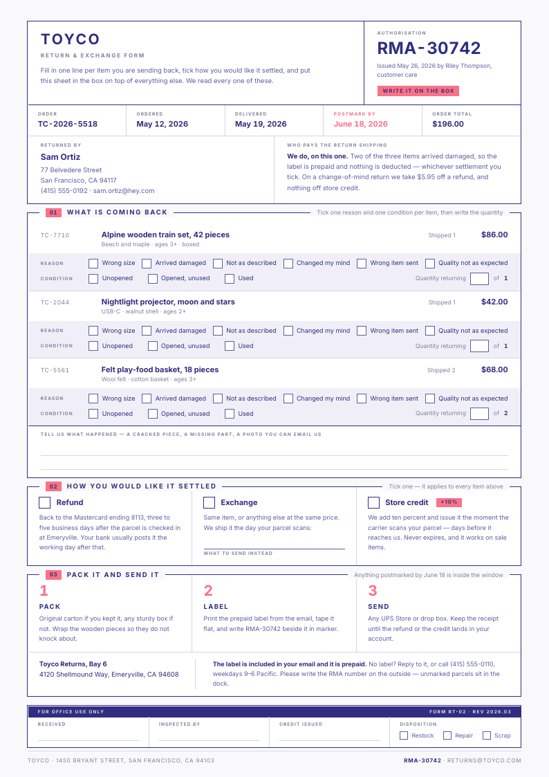 Checkbox Card — return form template, Boxed form planner layout, rendered from live data