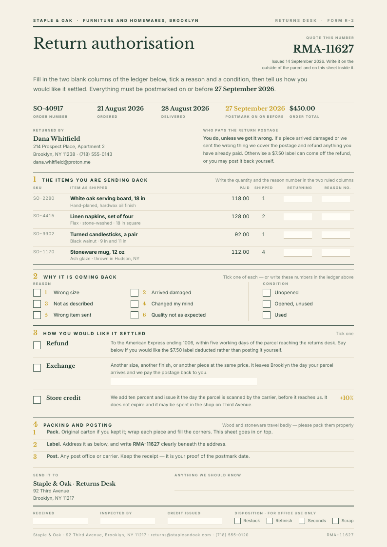 Quiet Return — return form template, Minimal, type-led layout, rendered from live data