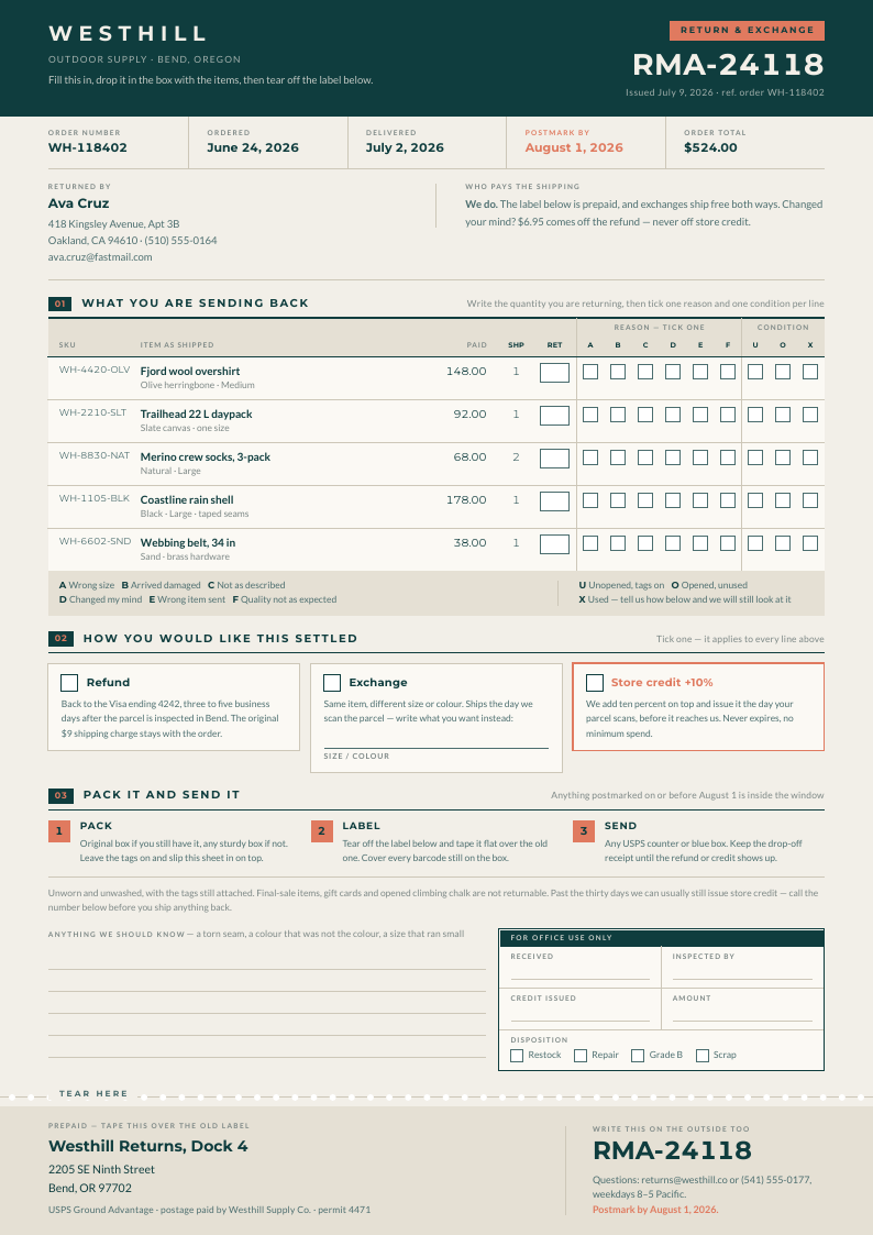 Tear Away — return form template, Perforated ticket layout, rendered from live data