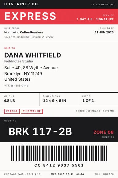 Carrier Band — Shipping label template, Band header layout, rendered from live data