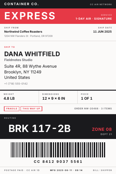 Carrier Band — shipping label template, Band header layout, rendered from live data