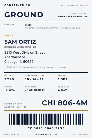 Stark Label — Shipping label template, Minimal, type-led layout, rendered from live data