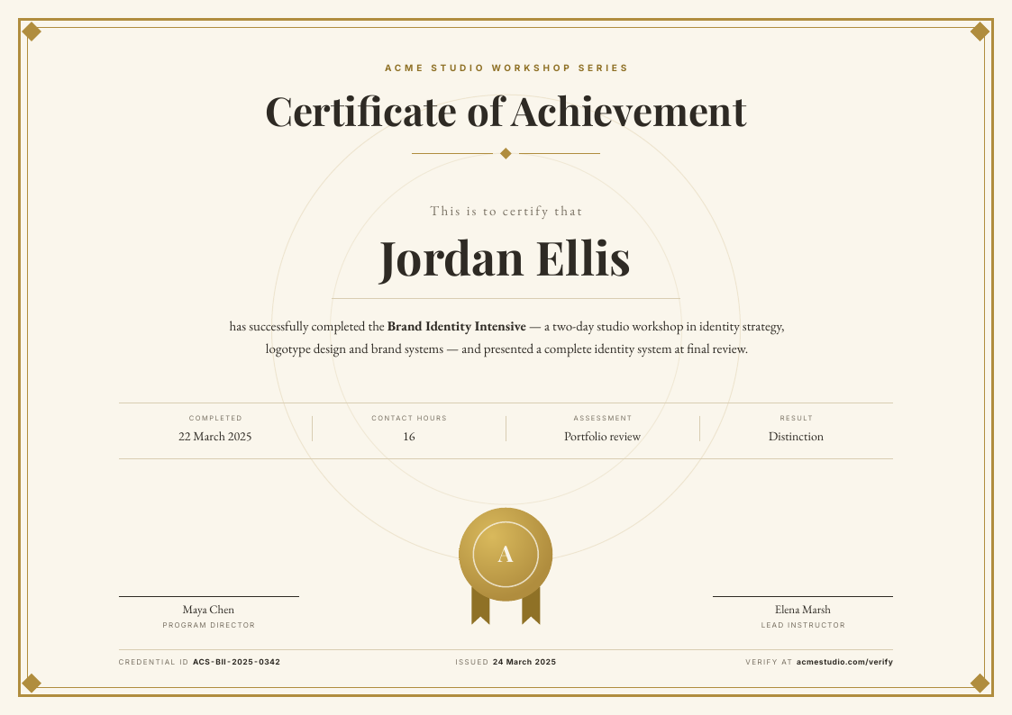 Gold Seal — certificate template, Framed ceremonial layout, rendered from live data