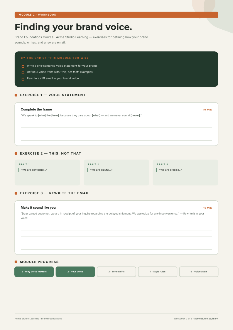 Forest Workbook — course workbook template, Boxed form planner layout, rendered from live data