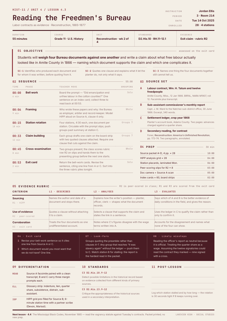 Index Grid — lesson plan template, Swiss grid layout, rendered from live data