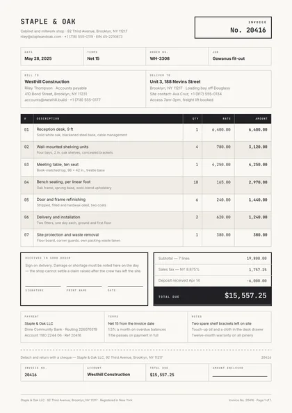 Carbon Copy — Invoice template, Boxed form planner layout, rendered from live data