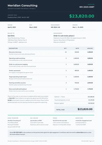 Due Band — Invoice template, Band header layout, rendered from live data