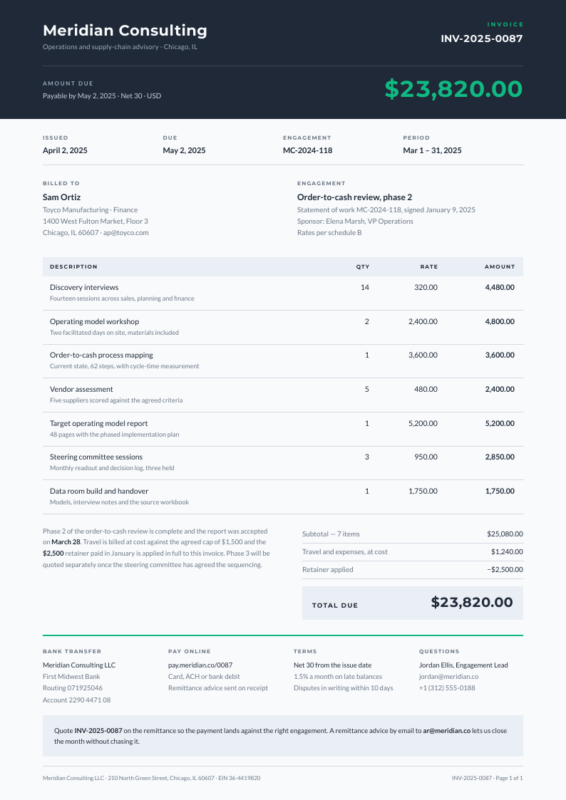 Due Band — invoice template, Band header layout, rendered from live data