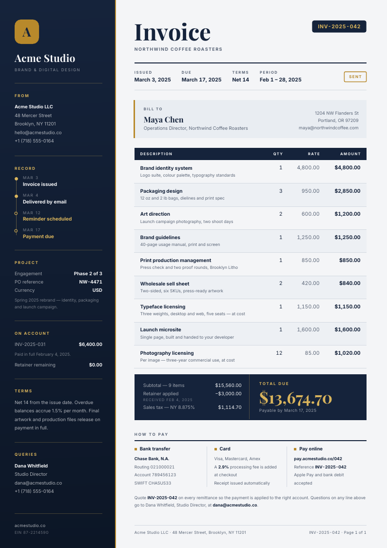 Ledger Rail — invoice template, Side rail layout, rendered from live data