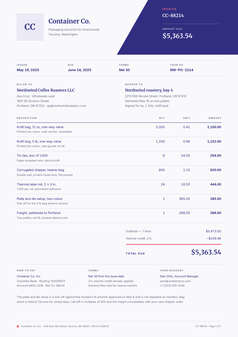 Mark Wedge — invoice template, Diagonal split layout, rendered from live data