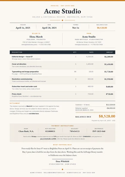 Ochre Serif — Invoice template, Editorial serif layout, rendered from live data