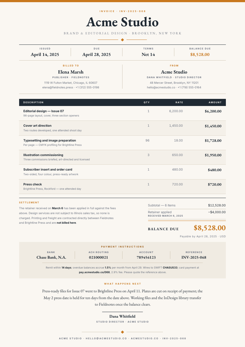 Ochre Serif — invoice template, Editorial serif layout, rendered from live data
