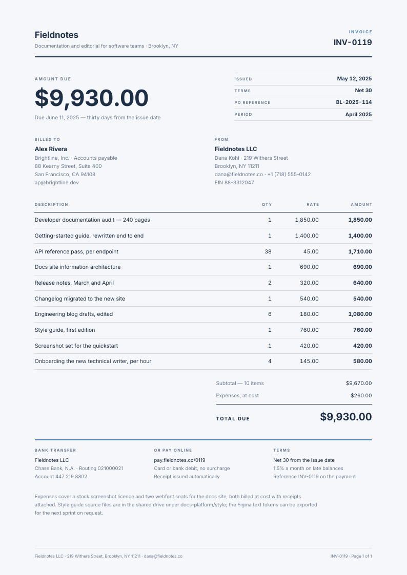 Quiet Slip — invoice template, Minimal, type-led layout, rendered from live data