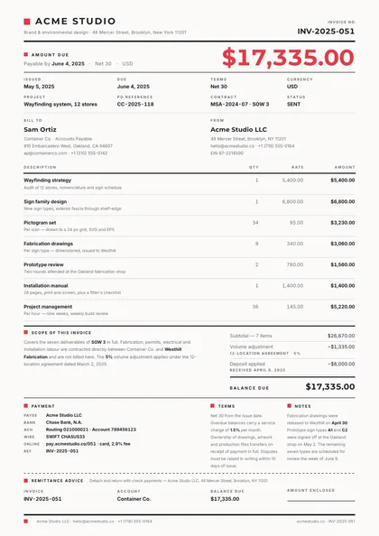 Swiss Grid — Invoice template, Swiss grid layout, rendered from live data