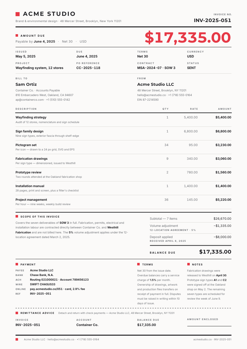 Swiss Grid — invoice template, Swiss grid layout, rendered from live data