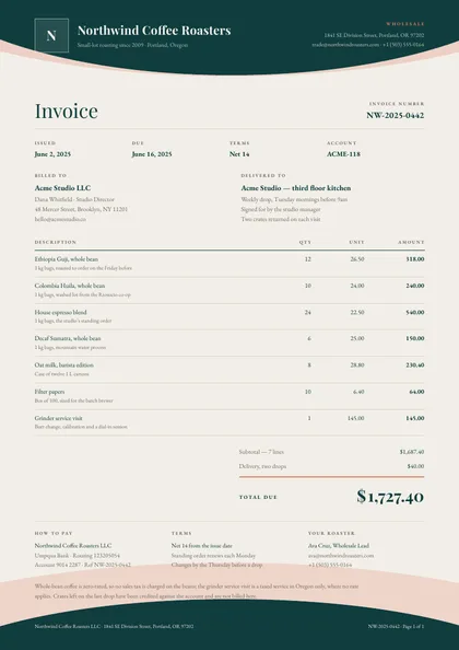 Wave Letterhead — Invoice template, Organic arches layout, rendered from live data