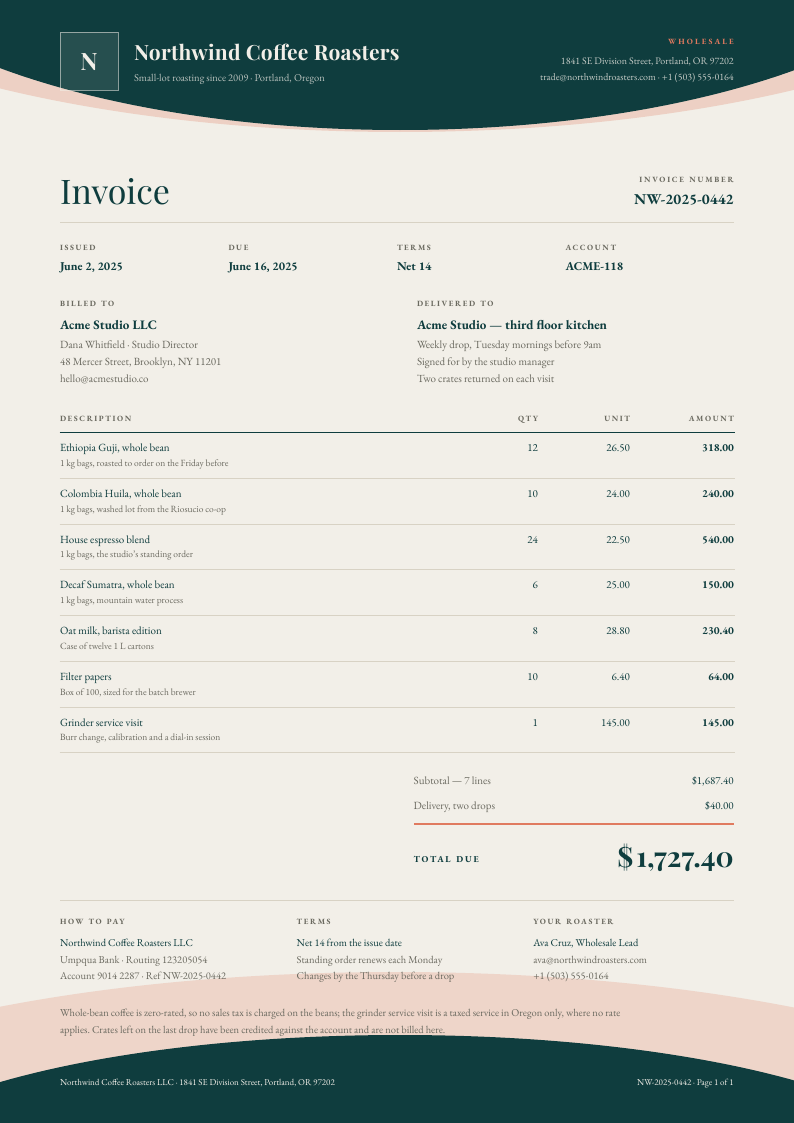 Wave Letterhead — invoice template, Organic arches layout, rendered from live data