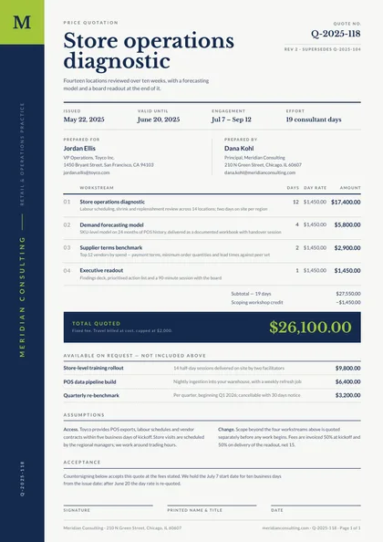 Cobalt Spine — Price quote template, Side rail layout, rendered from live data