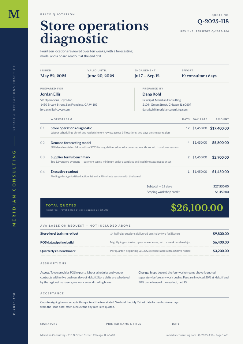 Cobalt Spine — price quote template, Side rail layout, rendered from live data