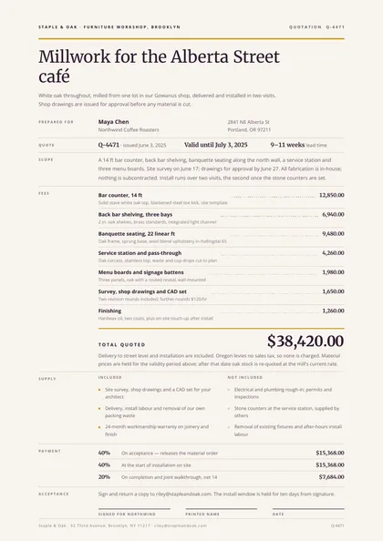 Plumb Line — Price quote template, Minimal, type-led layout, rendered from live data