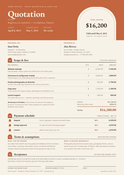 Terracotta Arch — Price quote template, Organic arches layout, rendered from live data