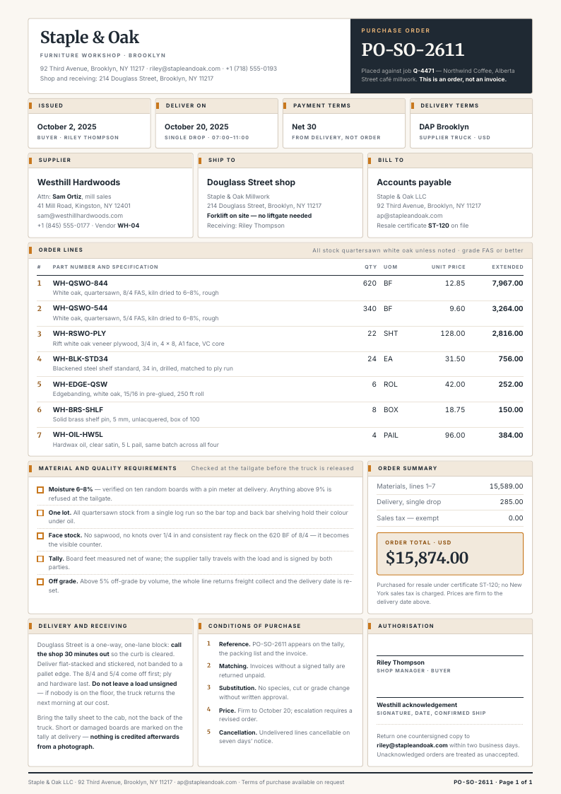 Boxed Docket — purchase order template, Boxed form planner layout, rendered from live data