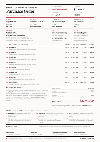 Signal Tracks — Purchase order template, Swiss grid layout, rendered from live data