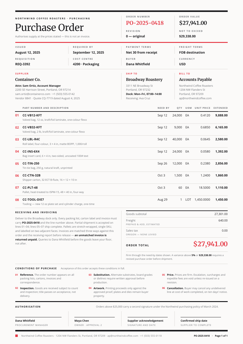 Signal Tracks — purchase order template, Swiss grid layout, rendered from live data