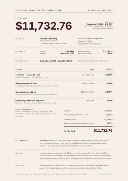 Flush Measure — Receipt template, Minimal, type-led layout, rendered from live data