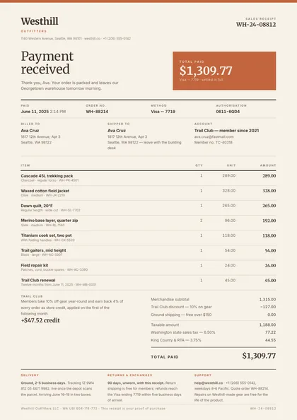 Modular Tally — Receipt template, Swiss grid layout, rendered from live data