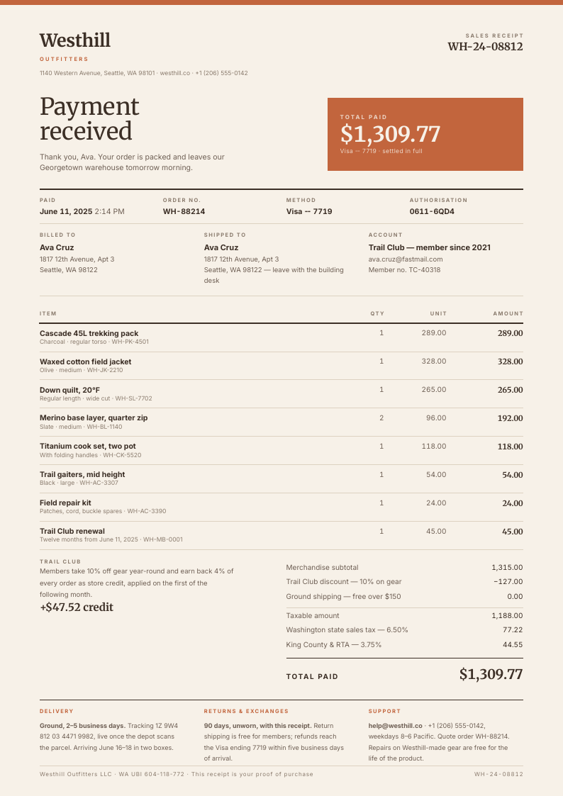 Modular Tally — receipt template, Swiss grid layout, rendered from live data