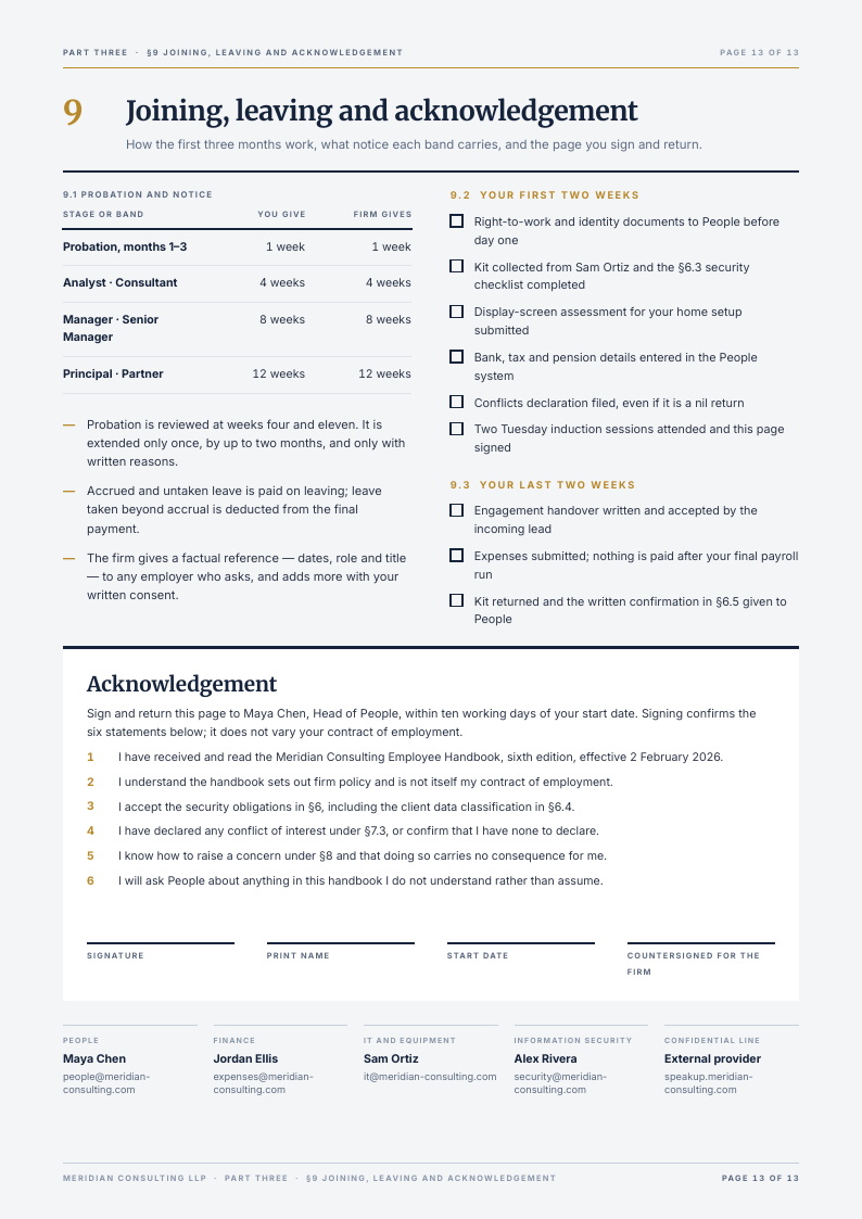 Brass Chapter employee handbook template, page 13 of 13