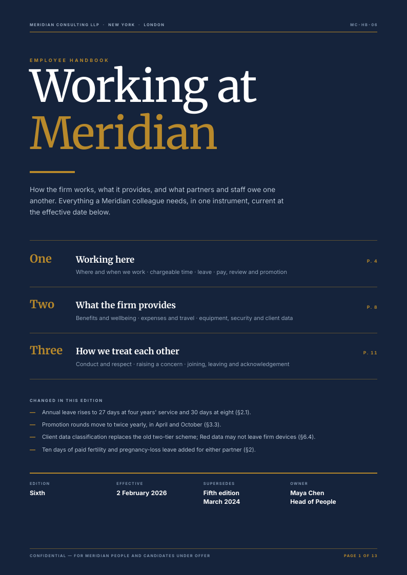 Brass Chapter employee handbook template, page 1 of 13