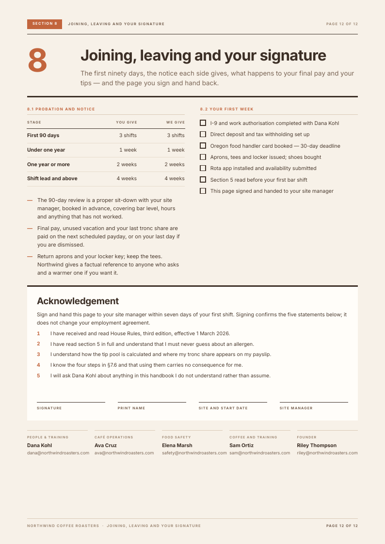 Counter Column employee handbook template, page 12 of 12