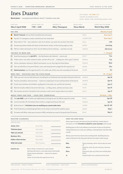 Day Book — Onboarding checklist template, Minimal, type-led layout, rendered from live data