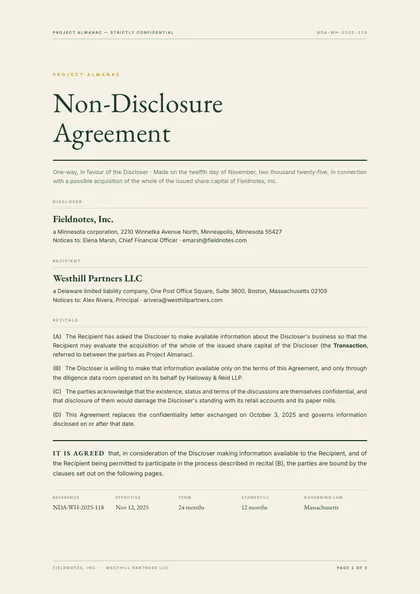 One Edge — NDA template, Minimal, type-led layout, rendered from live data